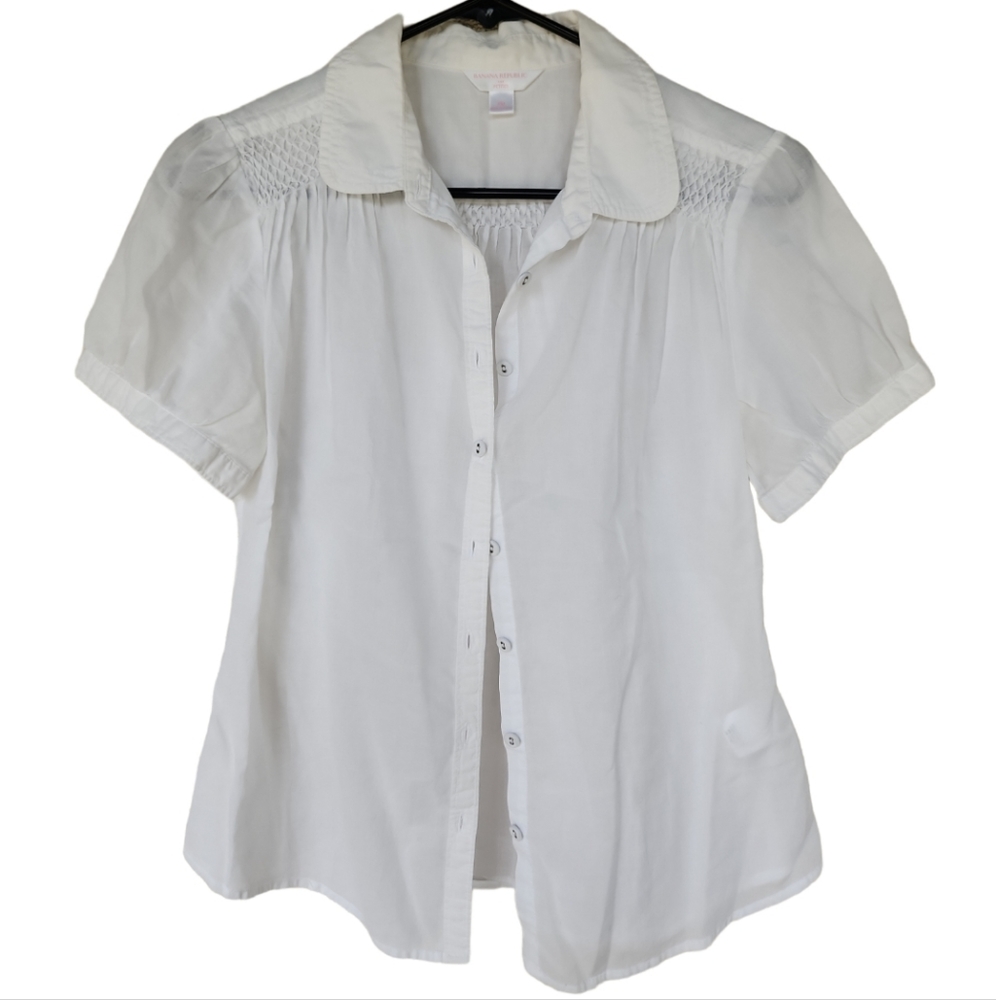 Banana Republic White Collar Blouse, Short Sleeve, Size PM
